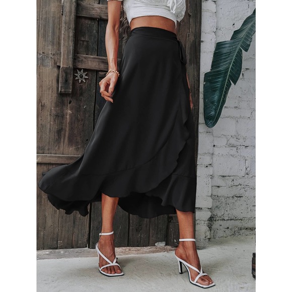 Solid minimalist Wrap Hem Tie Side high low midi skirt - Picture 1 of 11